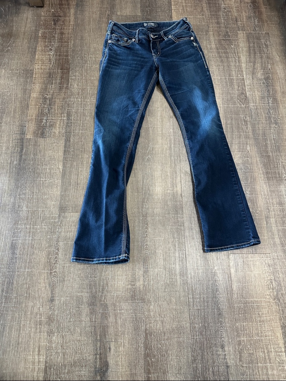 Silver Jeans Dark Indigo Denim Suki Mid Slim Boot Jeans Tan Stitching Size 28